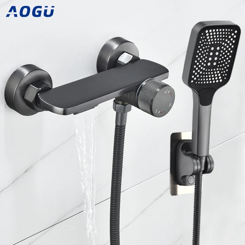 Gri şelale küvet musluk ile duş başlığı pirinç krom duvara monte banyo duş musluk bataryası tam duş sistemi seti