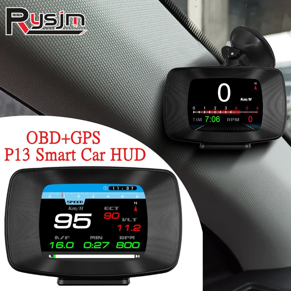 HD P13 OBD2 GPS HUD araba Head Up Display hız RPM sıcaklık gerilim alarmı ile dijital kilometre otomatik On-kart bilgisayar