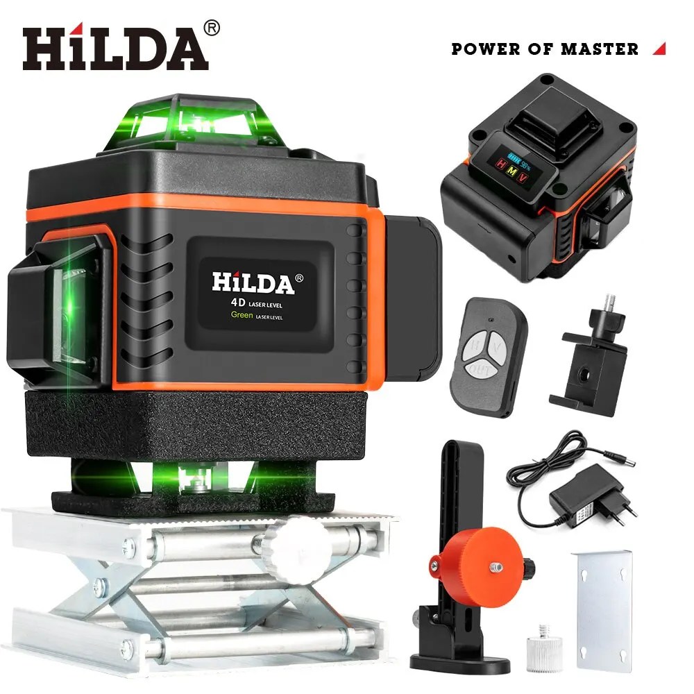 HILDA 16/12 satır 4D lazer seviyesi yeşil hat SelfLeveling 360 yatay ve dikey süper güçlü lazer seviyesi yeşil ışın