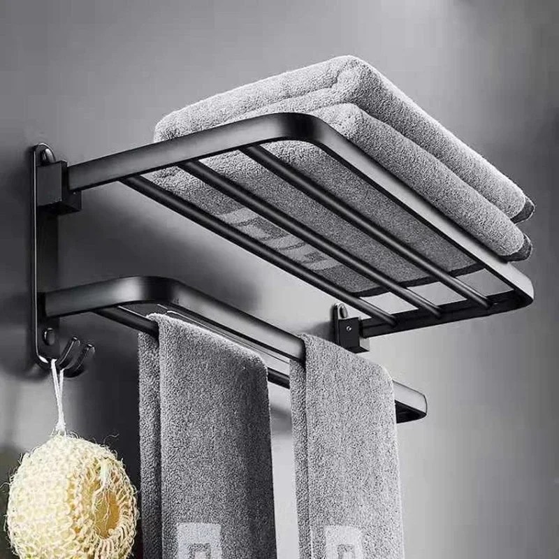 Havlu askısı yumruk ücretsiz katlanır tutucu havlu askısı banyo aksesuarları kanca ile duvara monte duş askı siyah banyo raf - Görsel 2