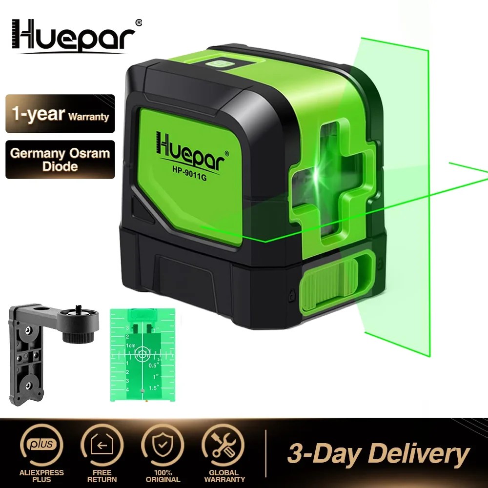 Huepar 2 satır lazer seviyesi kendini tesviye (4 derece) yeşil kırmızı ışın lazer yatay ve dikey çapraz çizgi
