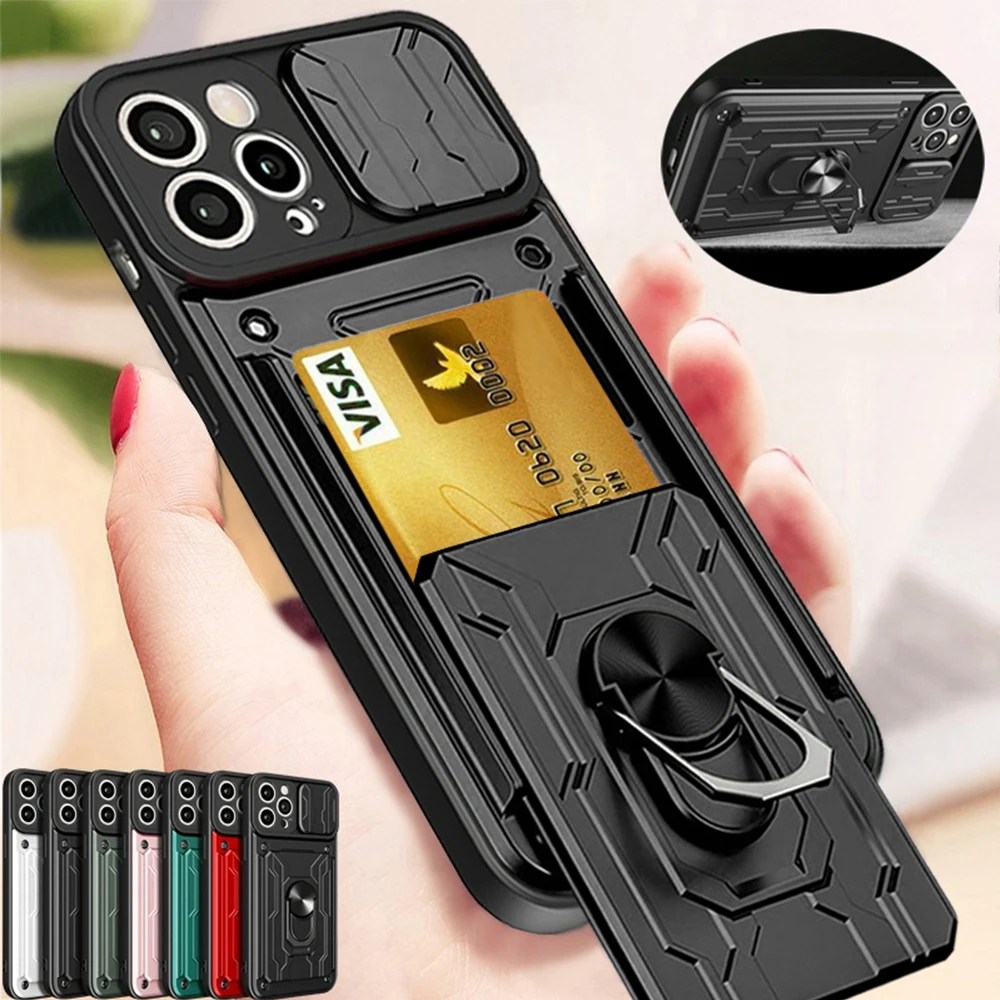 IPhone 15 14 13 12 11 Pro Max XR XS 8 7 artı SE 2022 slayt kamera kart yuvası askeri sınıf halka 360 manyetik arka kapak