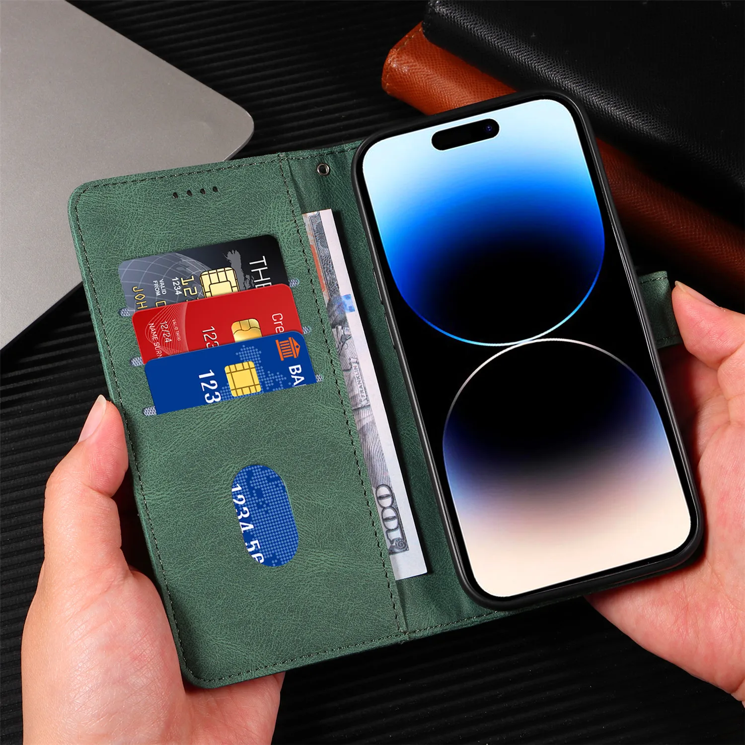 IPhone15 için deri Flip Case 14 artı 12 13 Mini 11 Pro Max XR X XS 8 7 6S 6 artı SE 2022 cüzdan kart yuvaları telefon standı kapak - Görsel 3