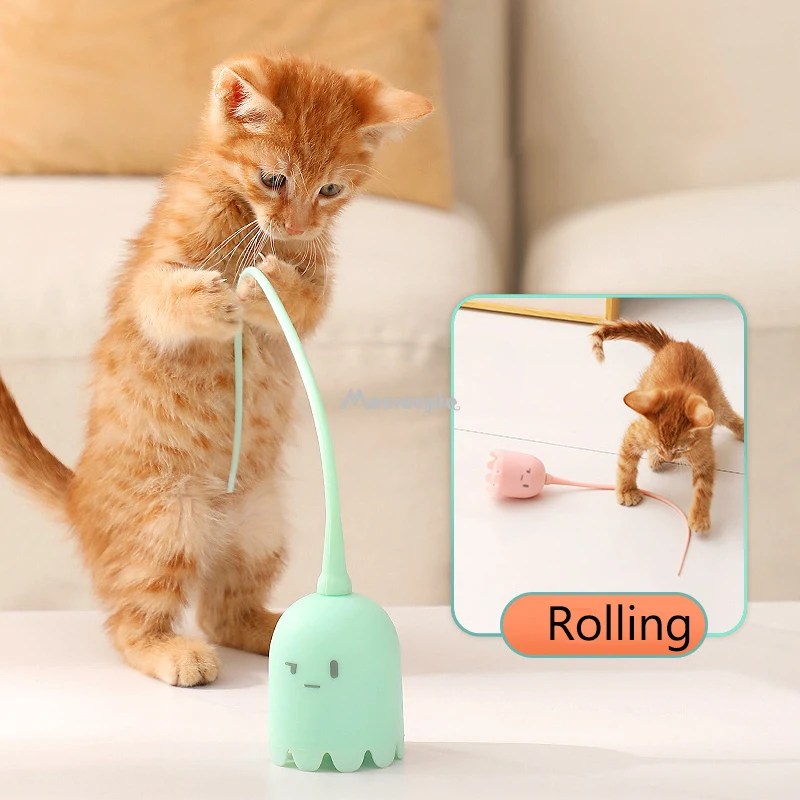 Interaktif kedi oyuncaklar USB elektrikli akıllı haddeleme topu oyuncak kediler Pet silikon otomatik döndür fare kuyruk yavru Teaser sopa