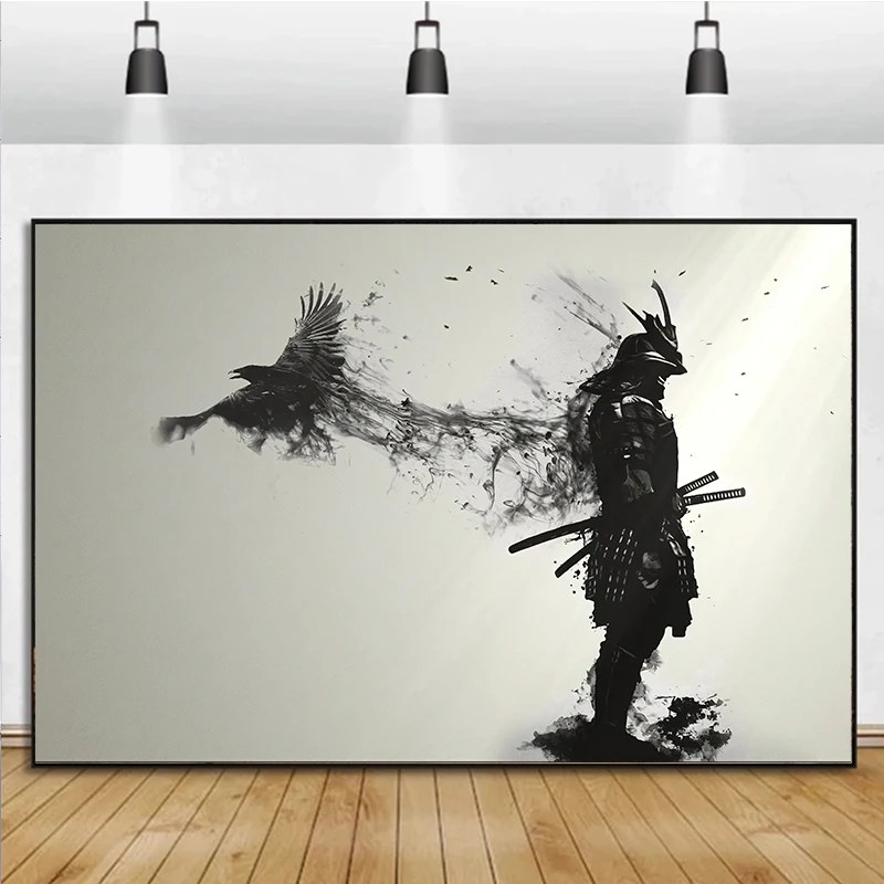 Japon samuray adam savaşçı bir uçan karga ile sanat posterleri baskılar tuval boyama duvar odası ev dekor için sanat resmi Cuadros