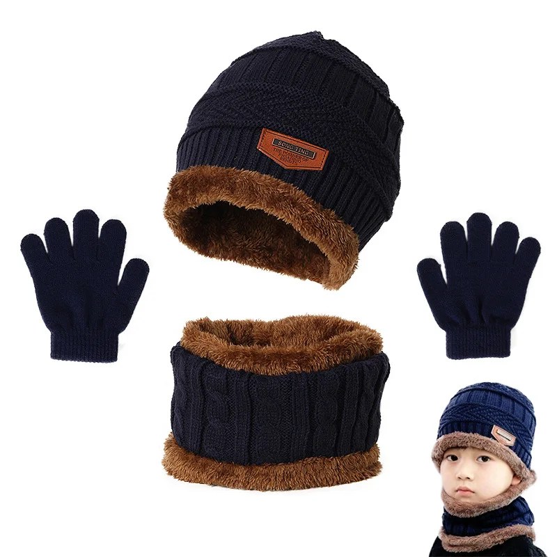 Kış şapka eşarp ve eldiven Set peluş isıtıcı çocuk örme şapka bebek erkek kasketleri kap boyun eşarbı eldiven takım elbise çocuklar için Accessori