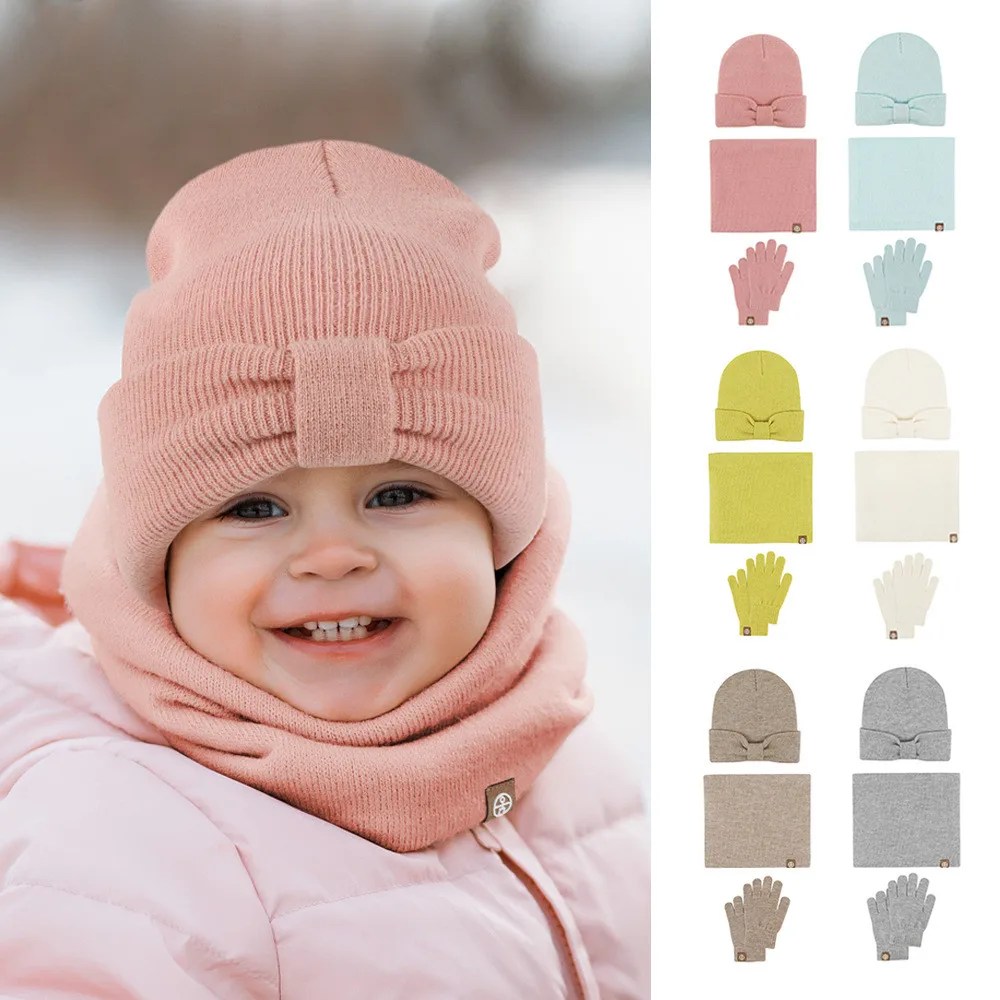 Kış çocuklar şapka 3-Pieces Set sevimli bebek bebek kurdelası sıcak bere şapka polar astarlı eşarp eldiven setleri