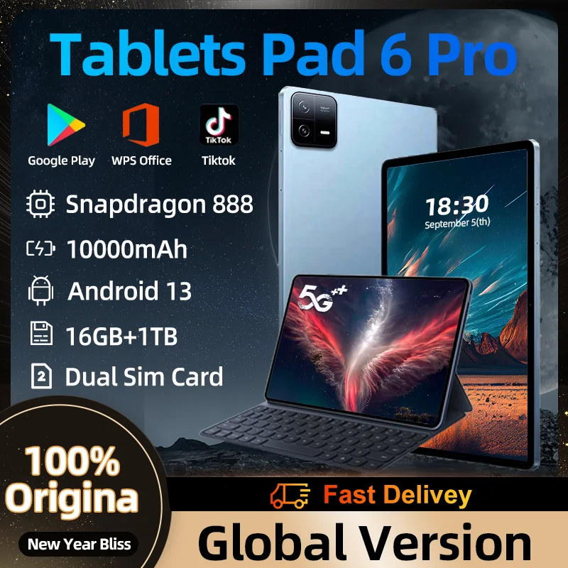 Küresel sürüm orijinal tabletler PC Android 13 Pad 6 Pro Snapdragon 888 10000mAh 16GB + 1TB 5G çift SIM kart HD 4K xiao fare Tab
