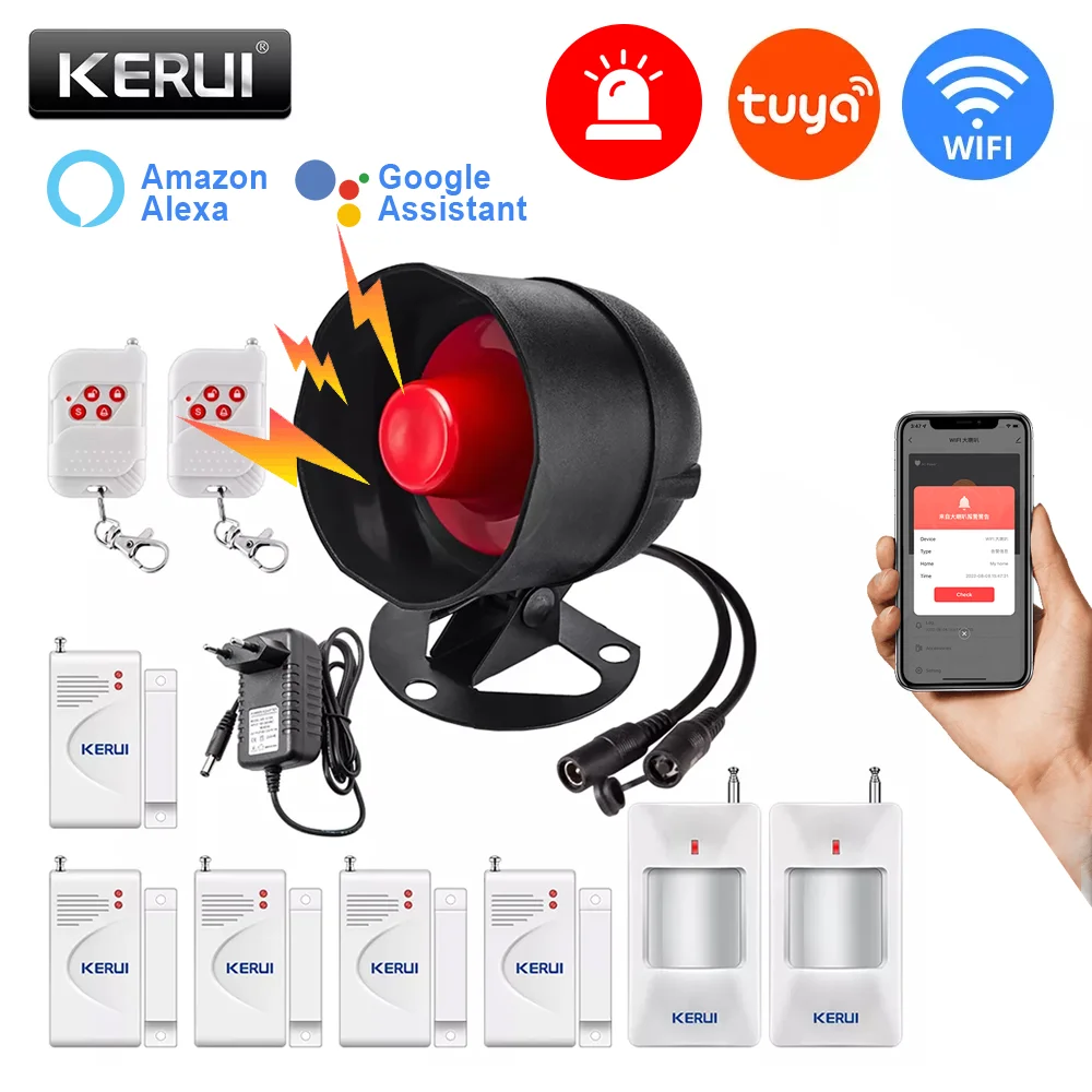 KERUI Tuya akıllı WIFI kablosuz güvenlik Alarm sistemi Siren 433Mhz ev hırsız hareket kapı sensörü uyumlu Google ev Alexa