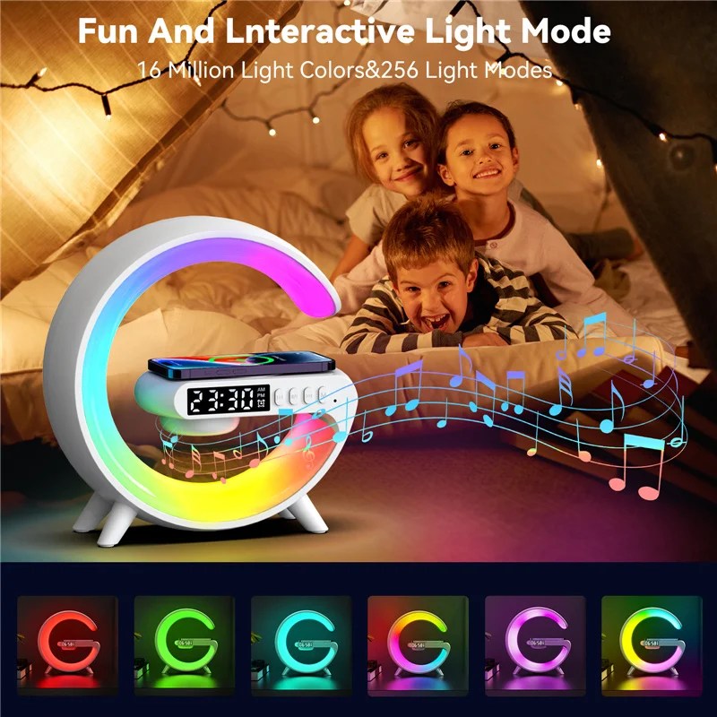 Kablosuz şarj Pad standı hoparlör TF kart RGB gece lambası lamba çalar saat hızlı şarj İstasyonu Dock iPhone Samsung Xiaomi - Görsel 3