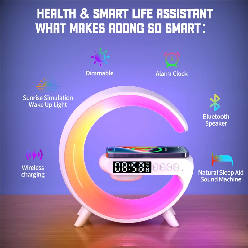 Kablosuz şarj Pad standı hoparlör TF kart RGB gece lambası lamba çalar saat hızlı şarj İstasyonu Dock iPhone Samsung Xiaomi