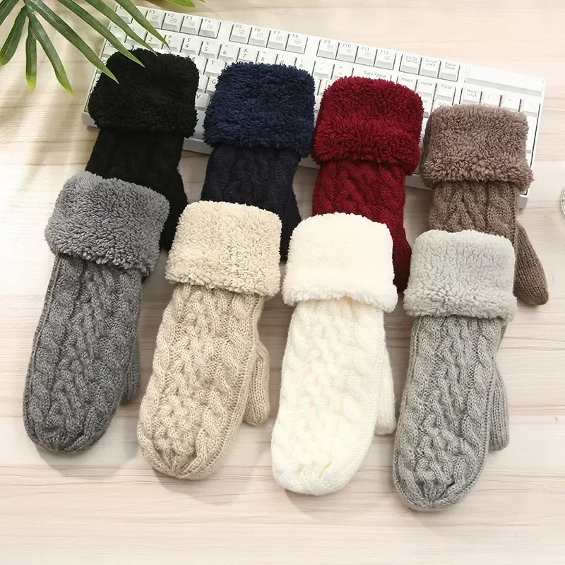 Kadın moda örgü büküm çiçekler eldivenler kış kadın yün artı kaşmir kadife kalınlaşma sıcak tam parmak eldiven Guantes