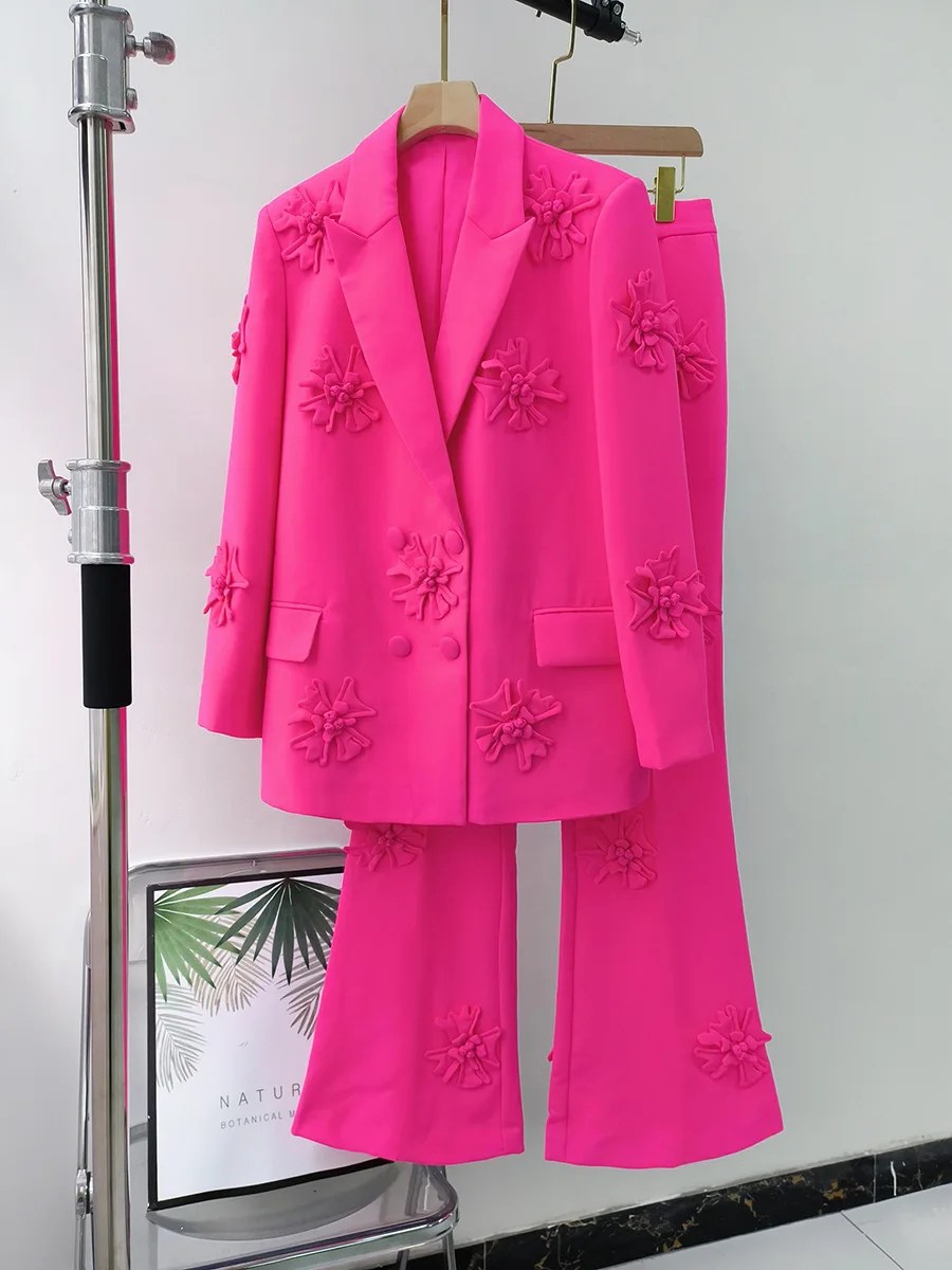 Kadın takım elbise yaka bahar ceket tam boy fuşya ceket moda stil mikro alevlendi pantolon çiçek takımları stokta 2 parça setleri