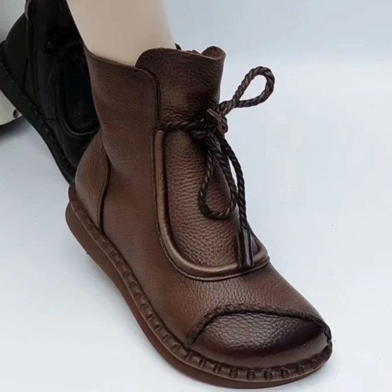 Kadınlar yarım çizmeler etnik tarzı Retro rahat rahat hafif daireler kalın taban yuvarlak ayak bağcıklı ayakkabı botaş Para Mujer