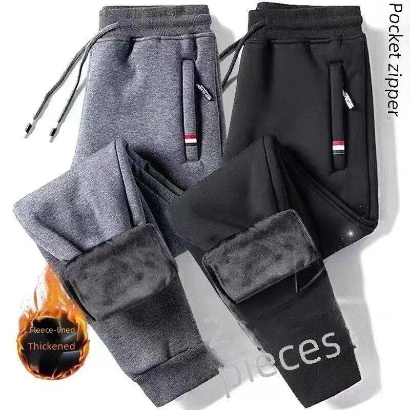 Kalınlaşmış polar astarlı sonbahar kış yeni Sweatpants elastik zayıflama düz bacak pantolon erkekler için pürüzsüz dışarı pantolon fermuarlı