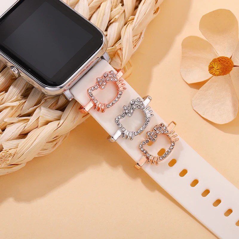 Karikatür kedi ve yay-düğüm dekoratif Charms için silikon Watchband sevimli takı aksesuarları Charm Apple kayış bilezik Charm