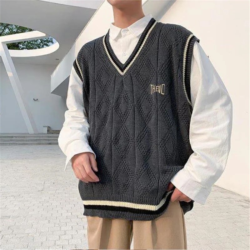 Kazak yelek erkek moda Streetwear moda v yakalı düz renk gevşek kolsuz yelek kazak erkek triko 2021 sonbahar