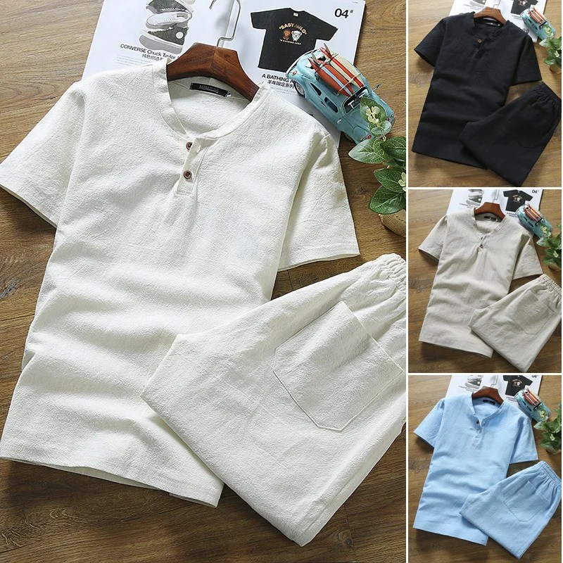 Keten kısa kollu T-shirt + şort 2 adet erkekler için pamuk keten nedensel takım elbise erkek yaz bahar sonbahar