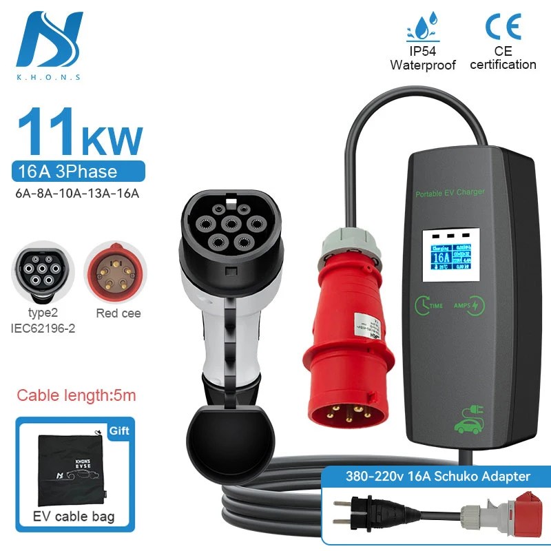 Khons elektrikli araç şarj cihazı 3 fazlı 16A 32A taşınabilir şarj Type2 EVSE şarj kutusu Cee tak IEC62196 elektrikli araç şarj cihazı