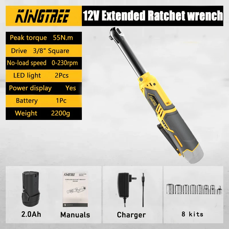 Kingtree 55NM akülü elektrikli genişletilmiş cırcır anahtarı seti 12V 3/8 "cırcır Tool Kit ile 1/2 Packs 2000mAh lityum-iyon pil