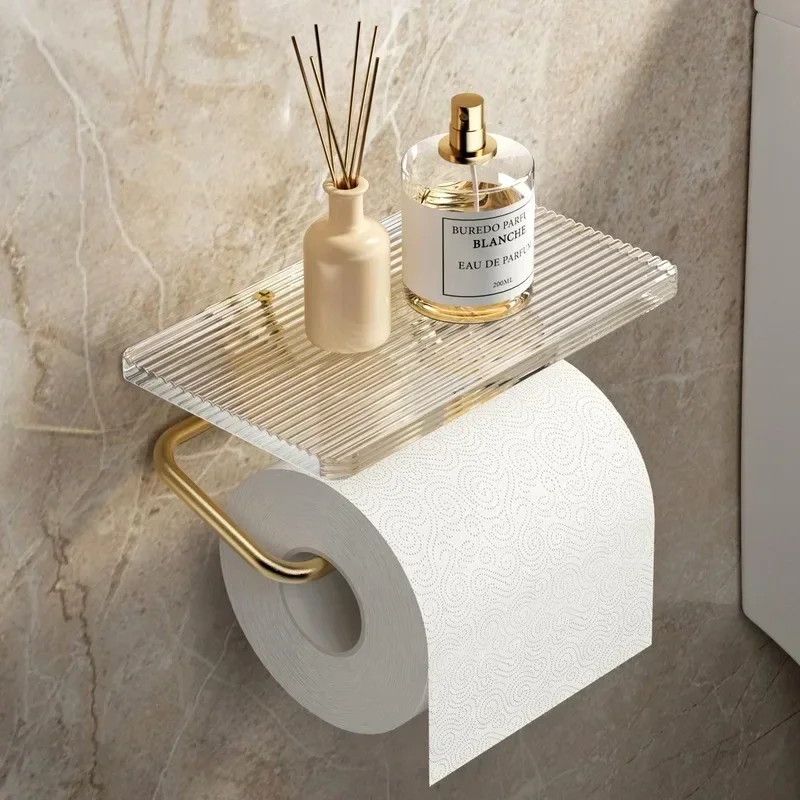 Lüks altın rulo kağıt havlu tutucu raf ile hiçbir delme akrilik rulo kağıt havlu tutucu doku askı banyo aksesuarları banyo