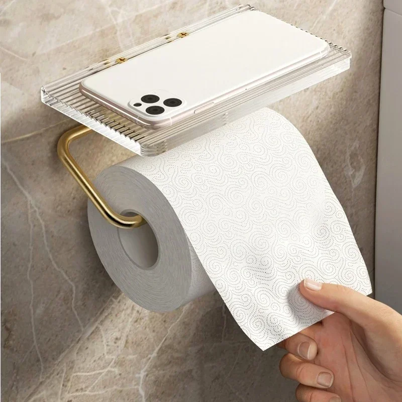 Lüks altın rulo kağıt havlu tutucu raf ile hiçbir delme akrilik rulo kağıt havlu tutucu doku askı banyo aksesuarları banyo