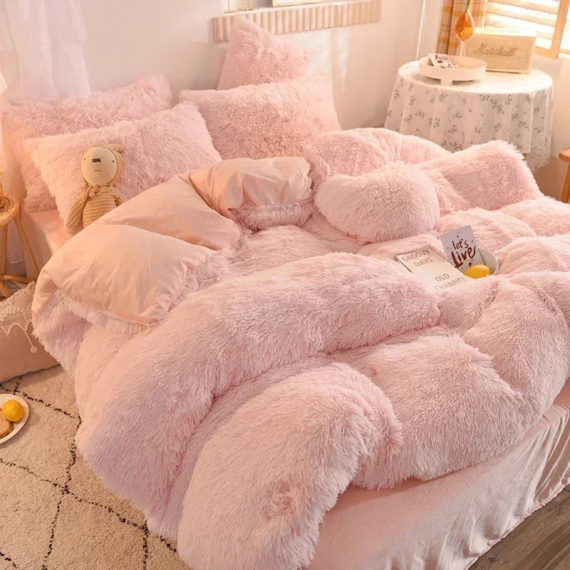 Lüks sonbahar kış sıcak pembe nevresim takımı peluş Kawaii vizon kadife kraliçe yorgan yatak örtüsü seti çarşaflar tek çift nevresim takımı s