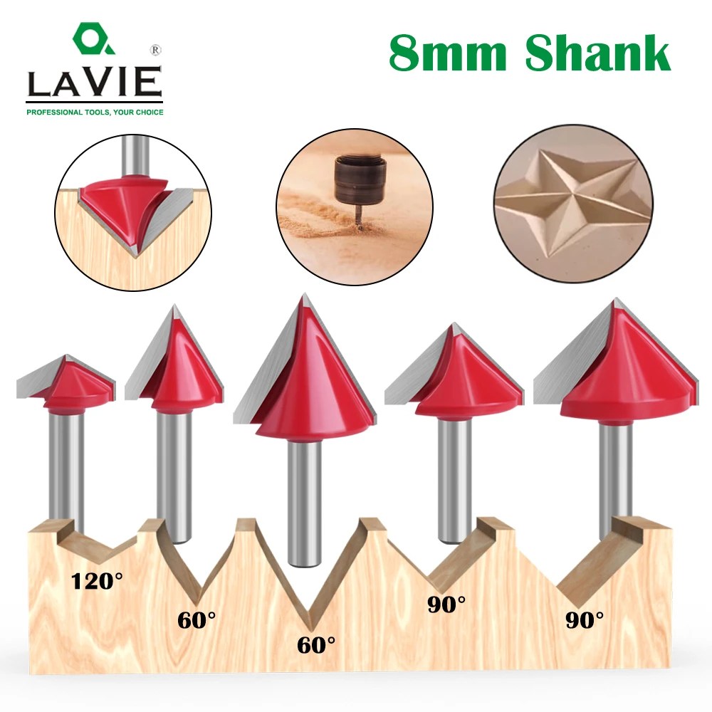 LAVIE 8mm Shank 60 90 120 V tipi planya kesici oyma kanal açma araçları yönlendirici bit set emniyet freze kesiciler