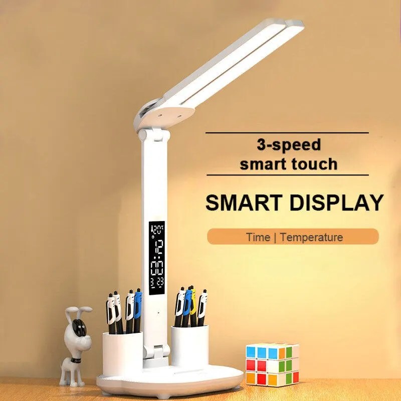 LED saat masa lambası USB ücretli dim masa lambaları 2 kafaları 180 döndür katlanabilir göz koruması masaüstü okuma gece işıkları