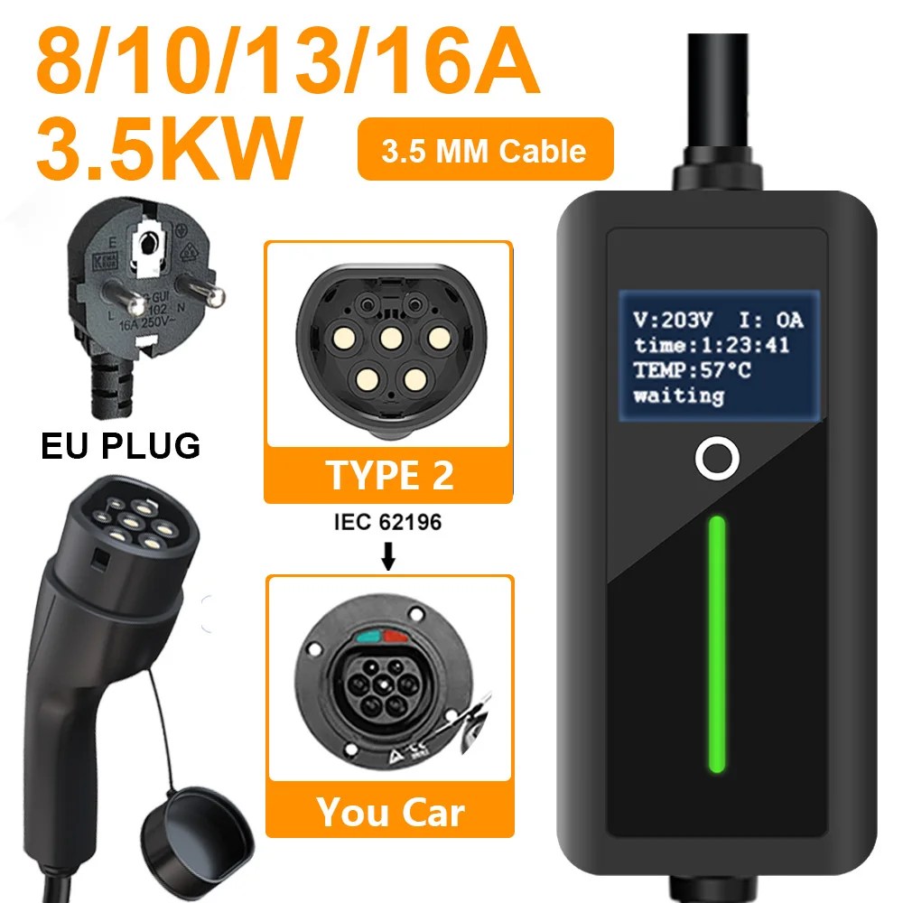 LONLINK elektrikli araç şarj cihazı 16A 3.5KW tipi 2 taşınabilir elektrikli araç şarjı J1772 tipi 1 şarj kablosu 80V-260V elektrikli araç araba için