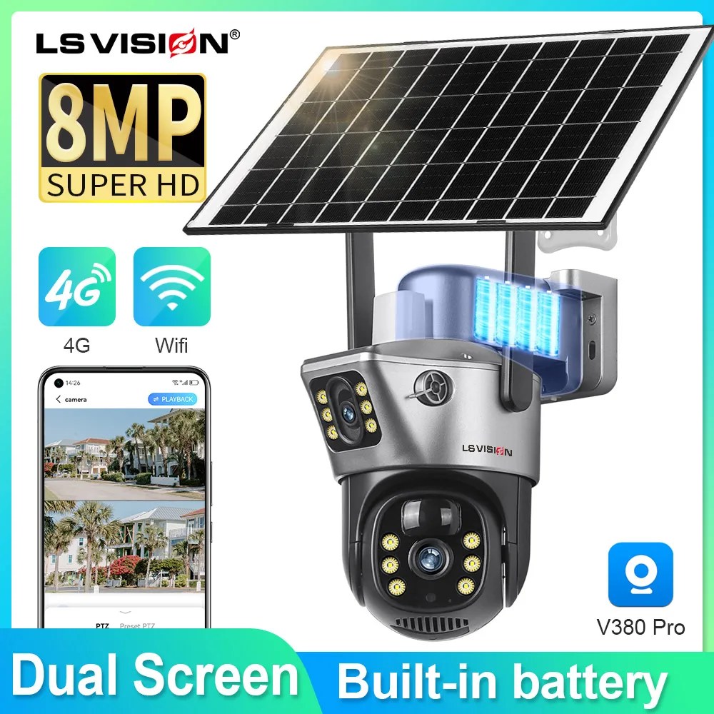 LS görüş güneş kamera 4G Sim açık çift Lens WiFi 8MP 4K IP Camara GÜNEŞ PANELI CCTV güvenlik dahili pil PIR kam V380