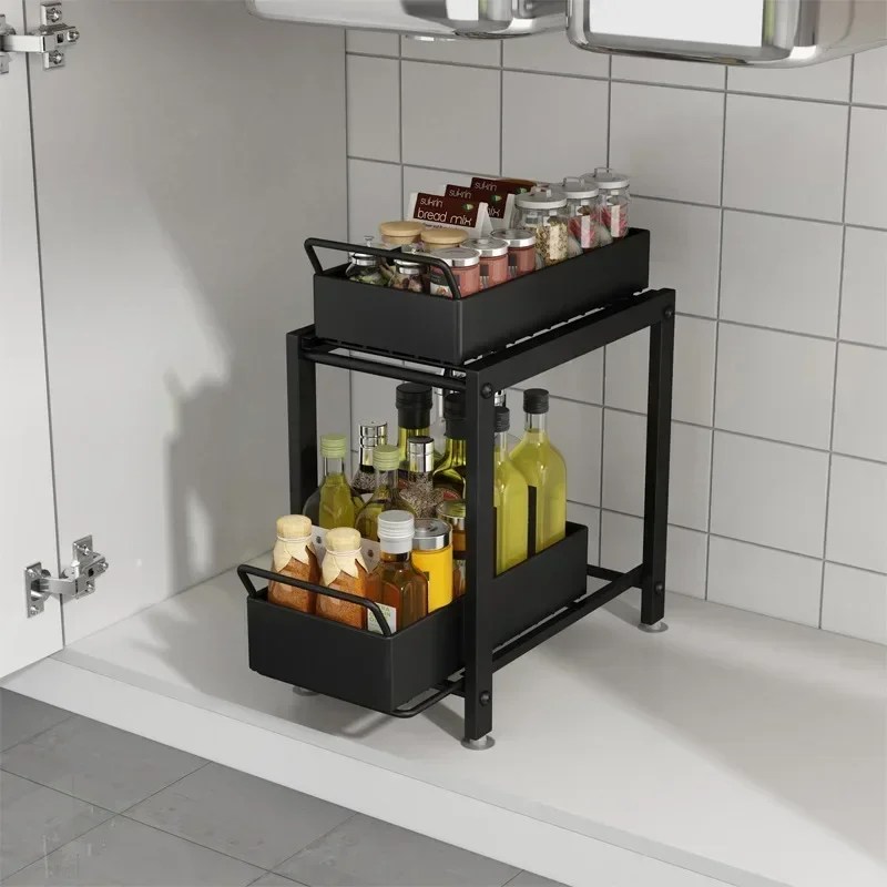 Lavabo dolabı organizatör altında 2 katlı sürgülü sepetleri ile istiflenebilir depolama raf mutfak banyo mutfak depolama için çekmeceler
