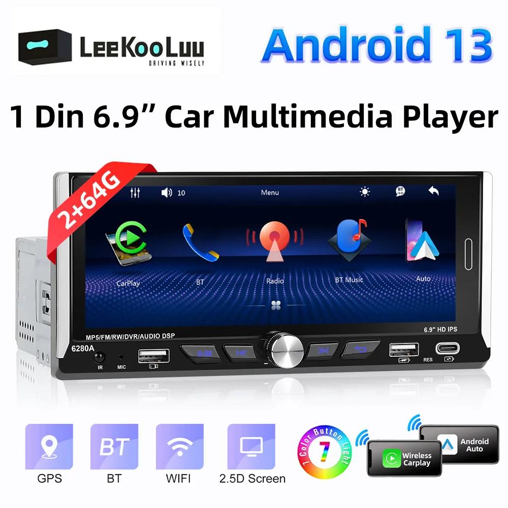 LeeKooLuu 6.9 "2.5D IPS Android 13.0 araba radyo 1 Din merkezi multimedya oynatıcı 2G + 64G GPS Stereo Bluetooth Carplay Android oto