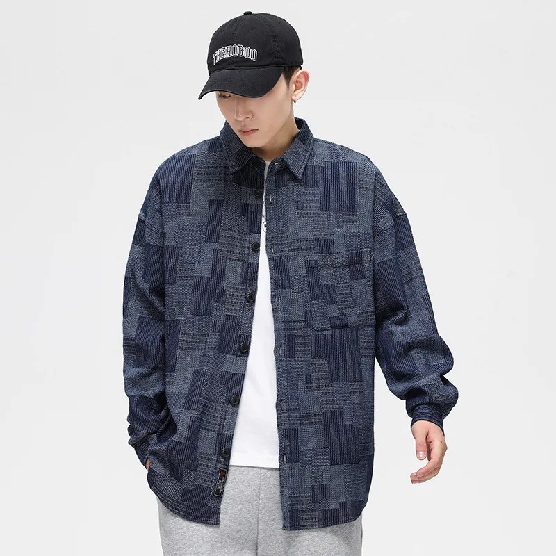 Maden japon Retro Boro Denim gömlek erkekler için jakarlı Patchwork uzun kollu düğme aşağı gömlek ceket boy bahar giyim