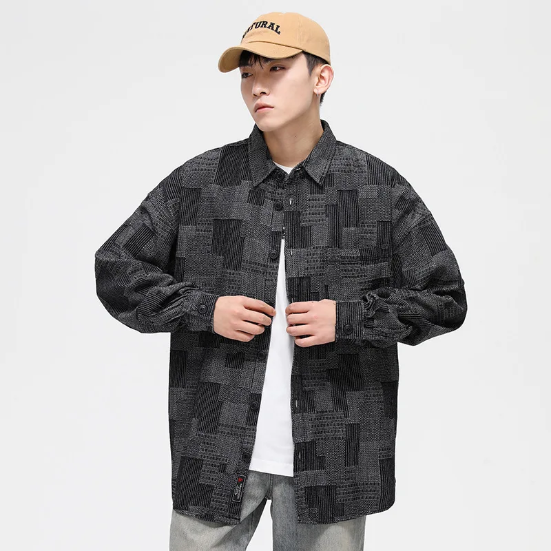 Maden japon Retro Boro Denim gömlek erkekler için jakarlı Patchwork uzun kollu düğme aşağı gömlek ceket boy bahar giyim