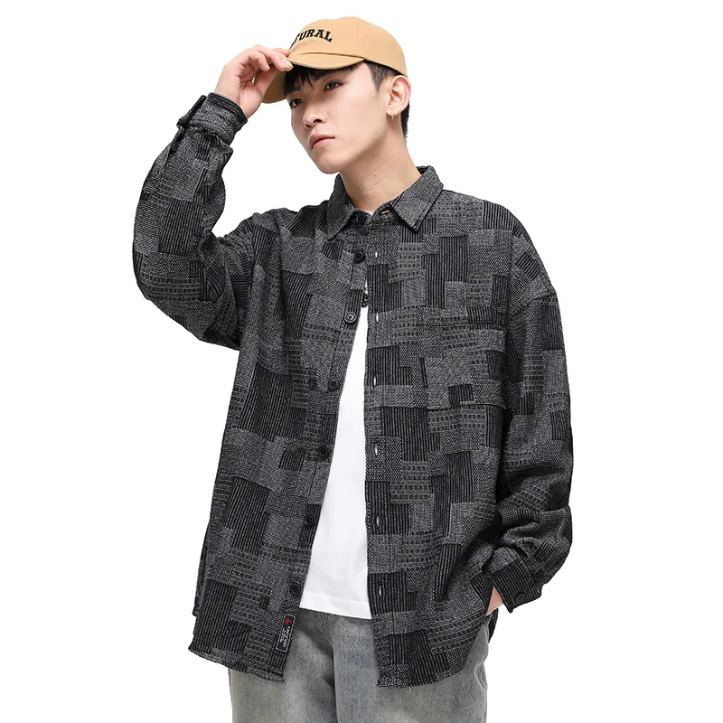 Maden japon Retro Boro Denim gömlek erkekler için jakarlı Patchwork uzun kollu düğme aşağı gömlek ceket boy bahar giyim