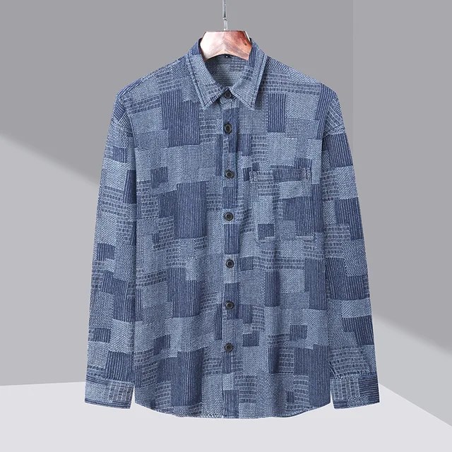 Maden japon Retro Boro Denim gömlek erkekler için jakarlı Patchwork uzun kollu düğme aşağı gömlek ceket boy bahar giyim - Görsel 7