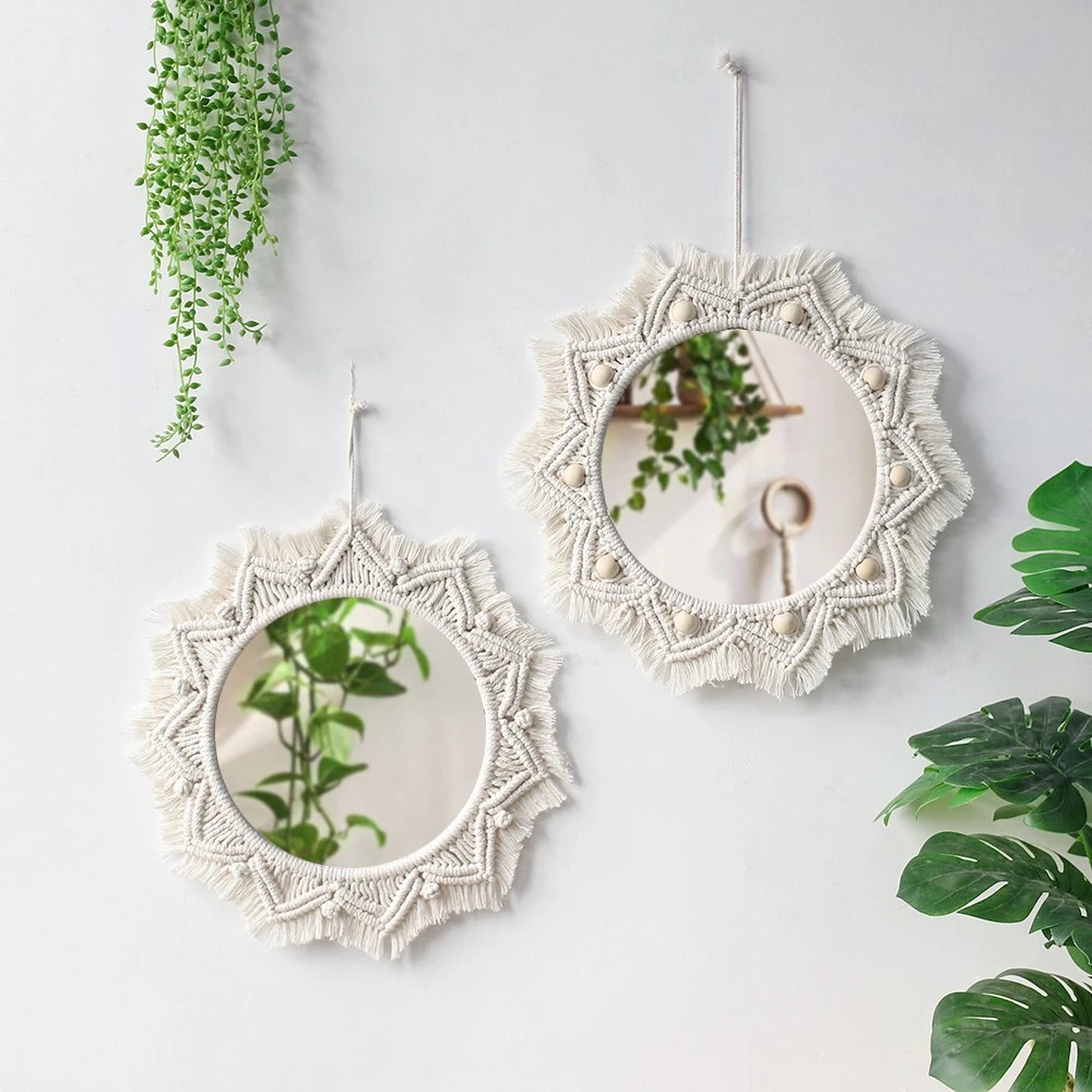 Makrome dekoratif duvar aynası Boho ev dekor makyaj estetik aynalar oturma odası yatak noel düğün dekorasyon hediye - Görsel 3