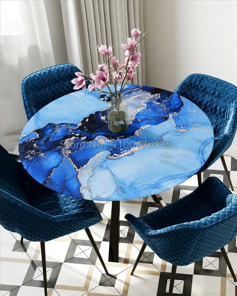 Mavi mermer yuvarlak masa örtüsü Mantel De Mesa için yağa dayanıklı su geçirmez masa örtüsü elastik kumaş Polyester masa örtüsü kapalı