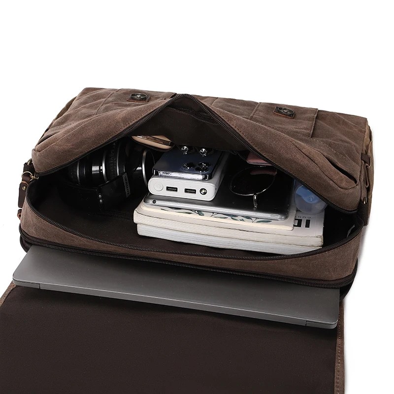 Mens askılı çanta 15.6 inç su geçirmez Vintage hakiki deri mumlu tuval evrak çantası büyük deri bilgisayar Laptop çantası sağlam - Görsel 6