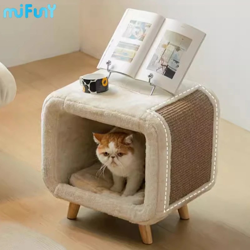 MiFuny kabartmak Sisal kenevir ile kedi yatakları yarı kapalı kedi evi Pet yatak katı ahşap ayaklar çıkarılabilir kedi matı Pet mobilya malzemeleri - Görsel 2