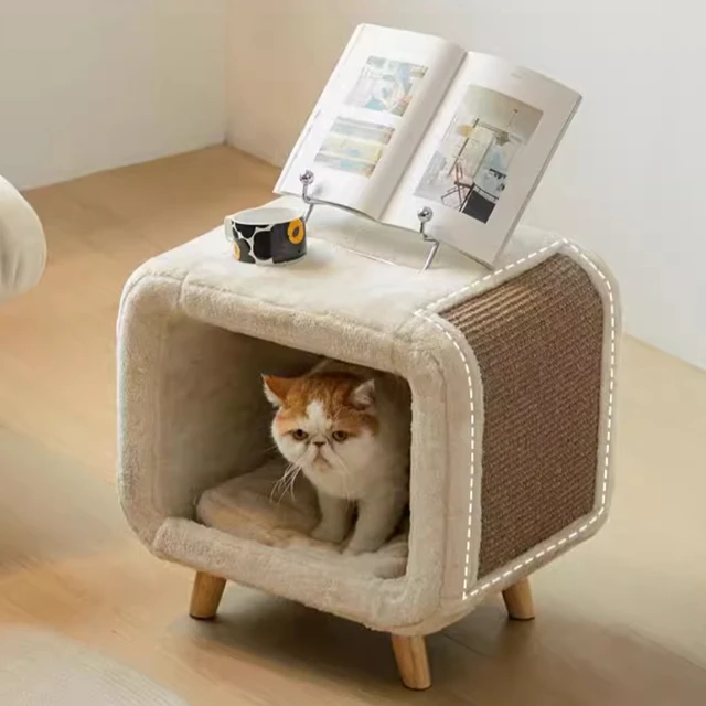 MiFuny kabartmak Sisal kenevir ile kedi yatakları yarı kapalı kedi evi Pet yatak katı ahşap ayaklar çıkarılabilir kedi matı Pet mobilya malzemeleri