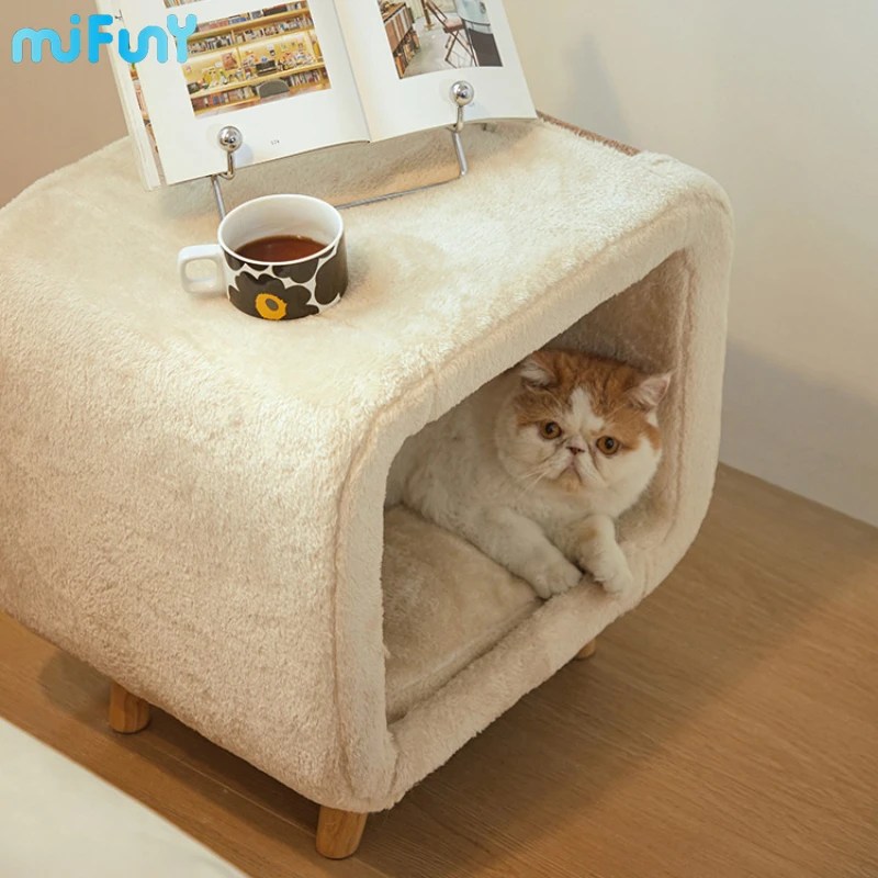 MiFuny kabartmak Sisal kenevir ile kedi yatakları yarı kapalı kedi evi Pet yatak katı ahşap ayaklar çıkarılabilir kedi matı Pet mobilya malzemeleri