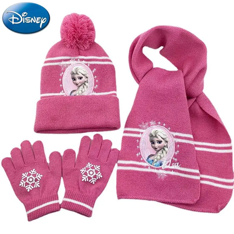 Mickey Mouse Minnie çocuk şapkaları sonbahar kış kızlar örgü şapkalar eşarp eldiven üç parçalı Set 3-8Y sıcak prenses şapkaları