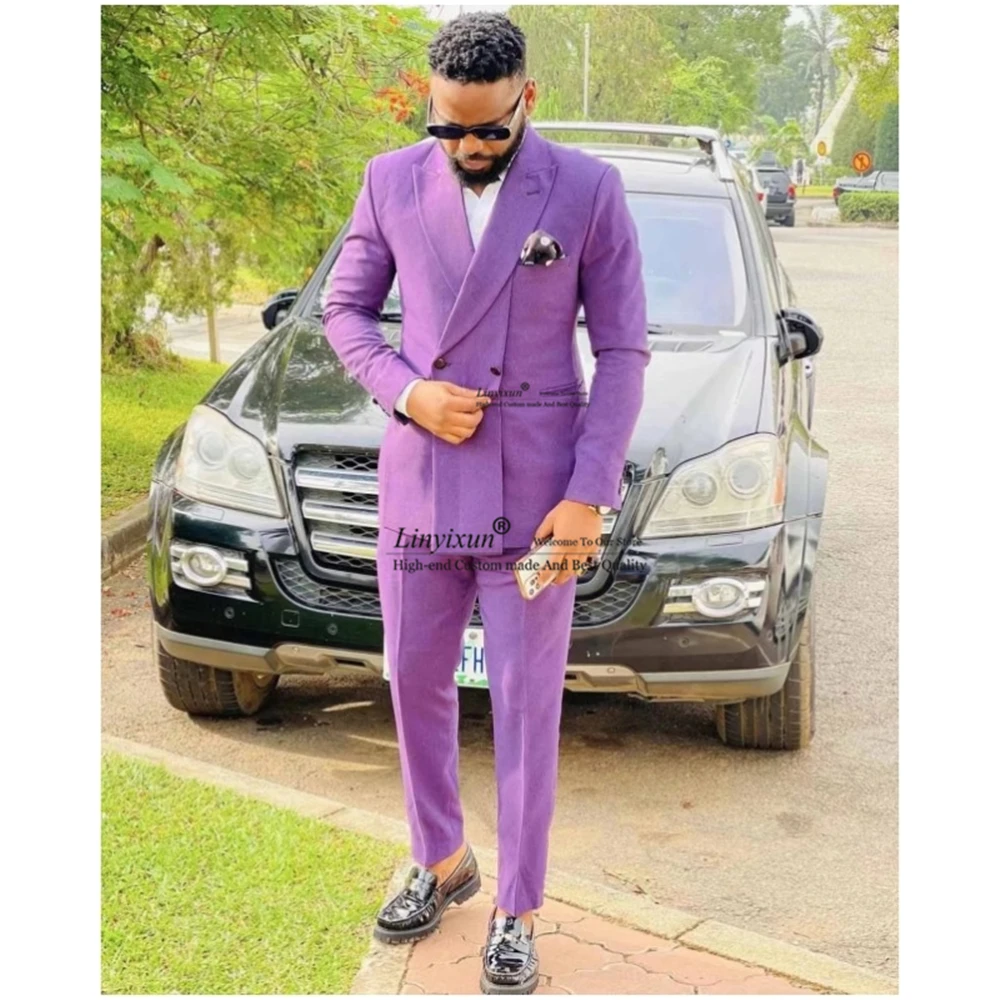 Moda mor erkek takım elbise kruvaze düğün damat smokin Slim Fit Casual ziyafet Blazer 2 parça ceket pantolon kostüm Homme