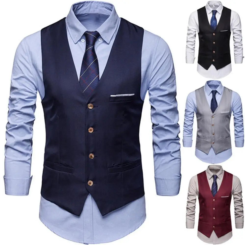 Moda resmi erkek yelek düz renk takım elbise yelek tek göğüslü iş yelek