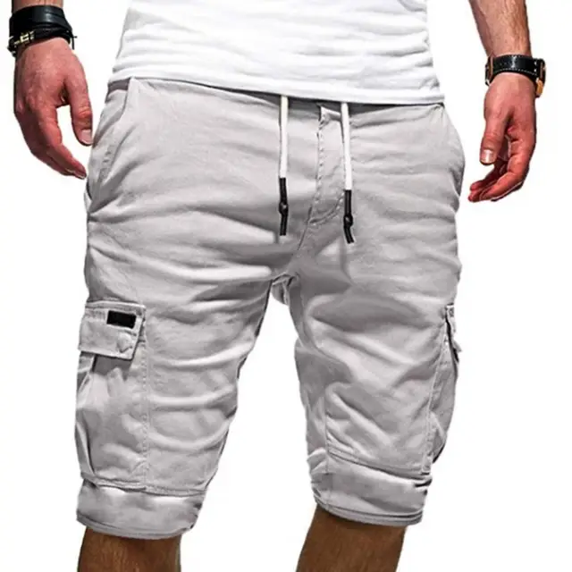 Moda yarım pantolon kargo şort düz renk çok cepler şort yaz erkekler için gevşek İpli şort koşu erkek giyim