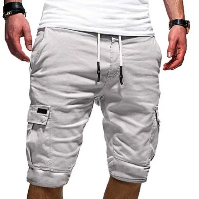 Moda yarım pantolon kargo şort düz renk çok cepler şort yaz erkekler için gevşek İpli şort koşu erkek giyim - Görsel 13