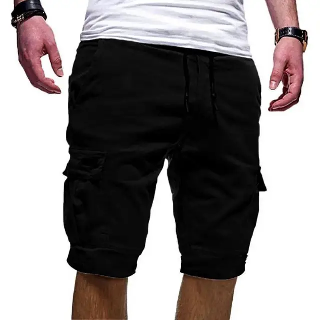 Moda yarım pantolon kargo şort düz renk çok cepler şort yaz erkekler için gevşek İpli şort koşu erkek giyim