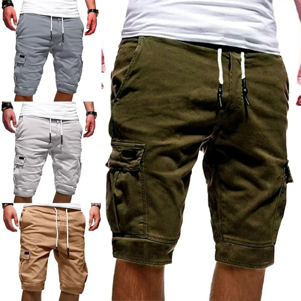 Moda yarım pantolon kargo şort düz renk çok cepler şort yaz erkekler için gevşek İpli şort koşu erkek giyim